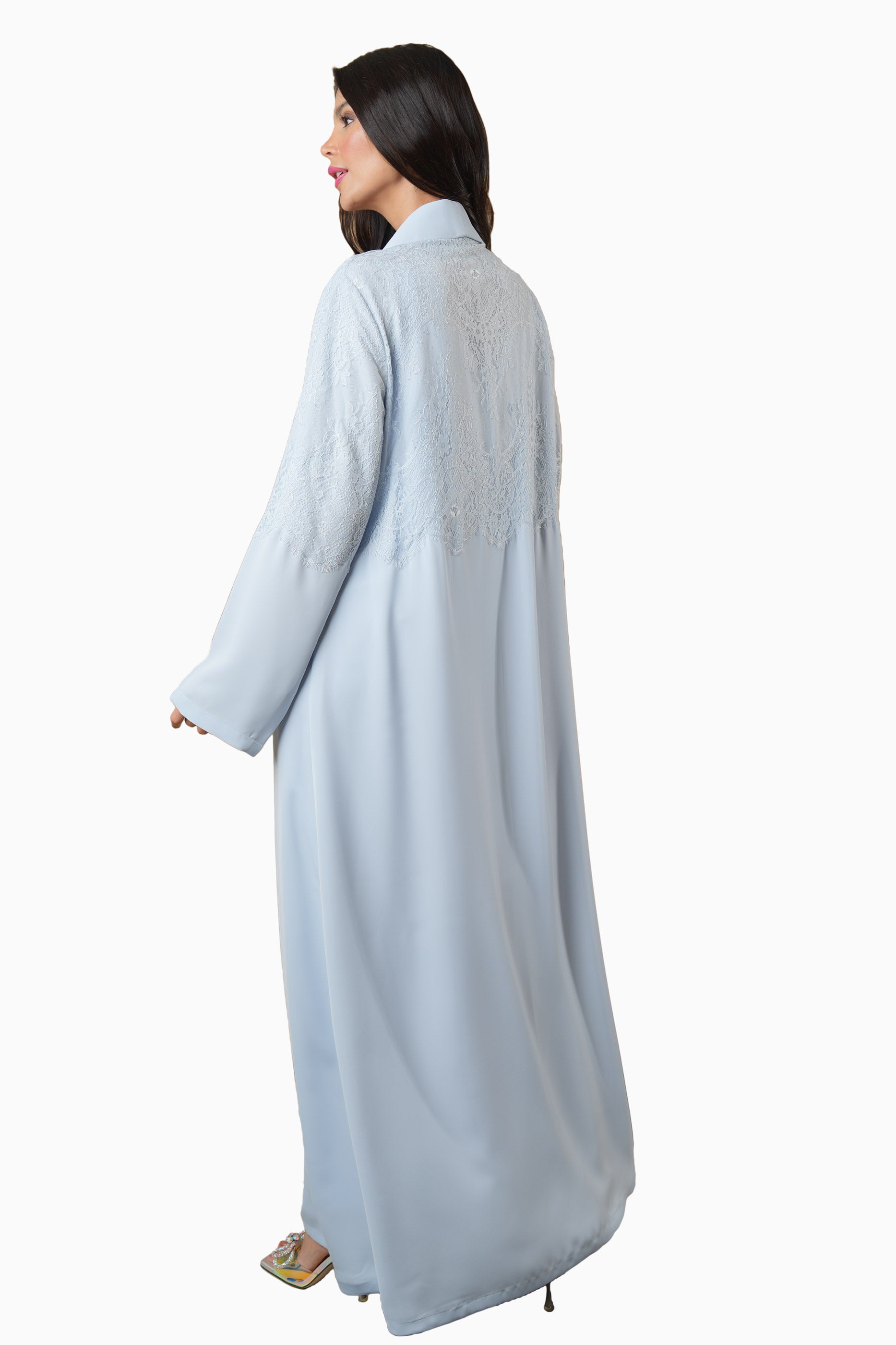 Dana Powder Blue – Soft Crepe French Lace Abaya
