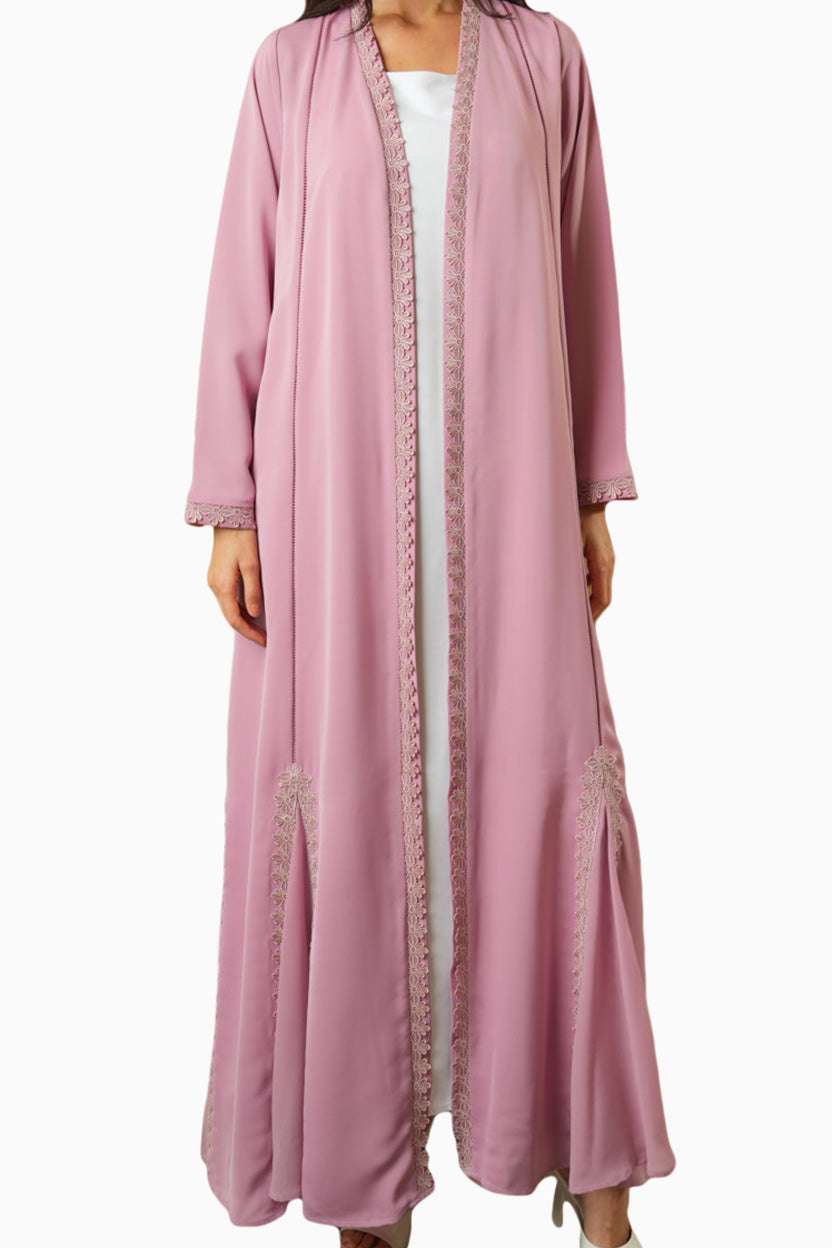 Celine Dusty Rose – Soft Crepe Fabric with Lace Trim Abaya