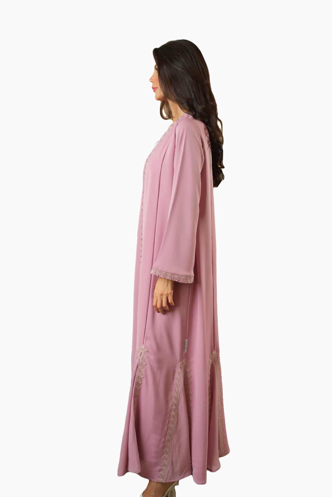 Celine Dusty Rose – Soft Crepe Fabric with Lace Trim Abaya