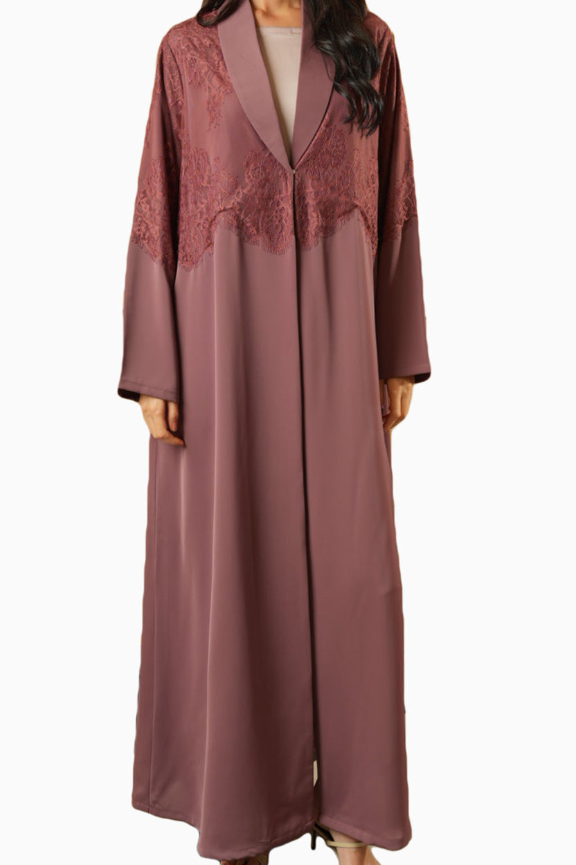 Dana Cocoa – Soft Crepe Fabric with French Lace Abaya