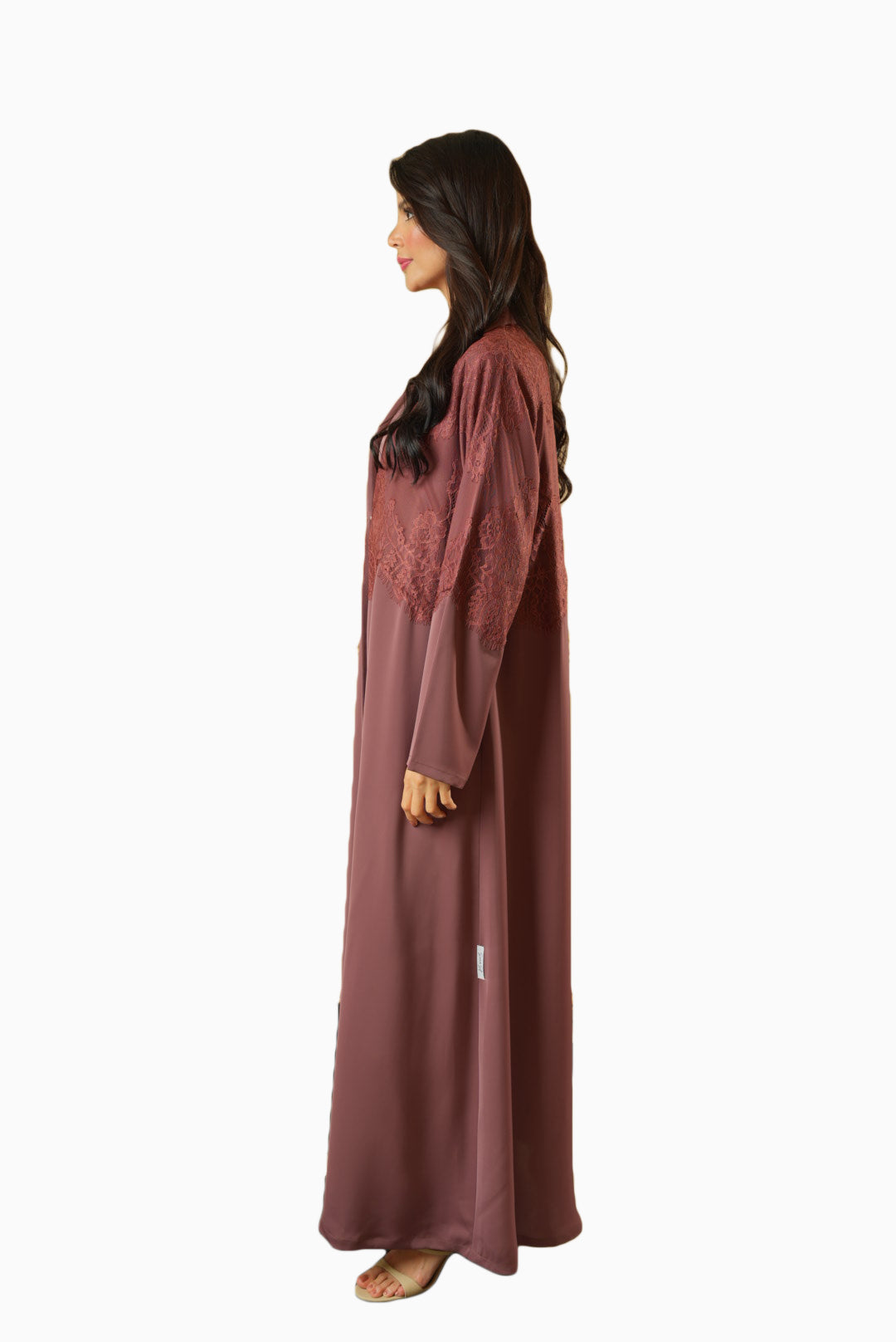 Dana Cocoa – Soft Crepe Fabric with French Lace Abaya