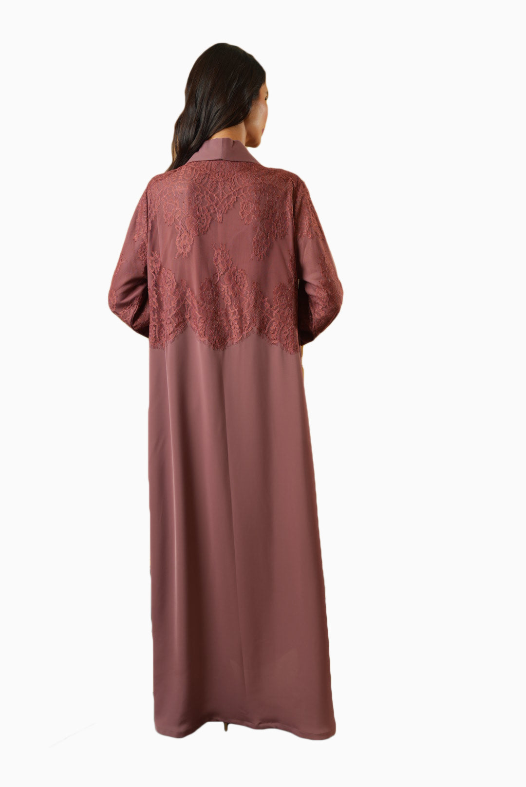 Dana Cocoa – Soft Crepe Fabric with French Lace Abaya