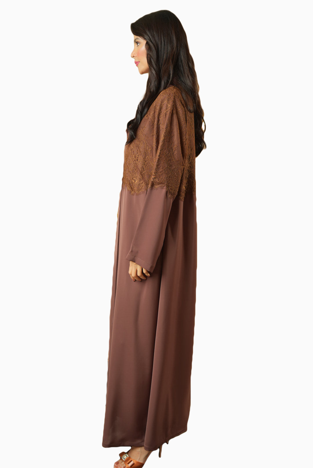 Dana Mocha – Soft Crepe Fabric with French Lace Abaya