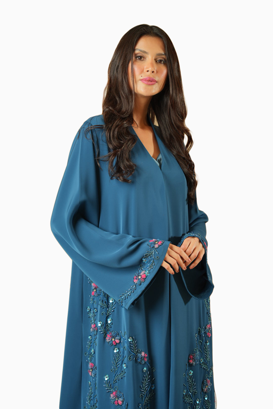Nisha Teal – Soft Crepe Embroidered Abaya