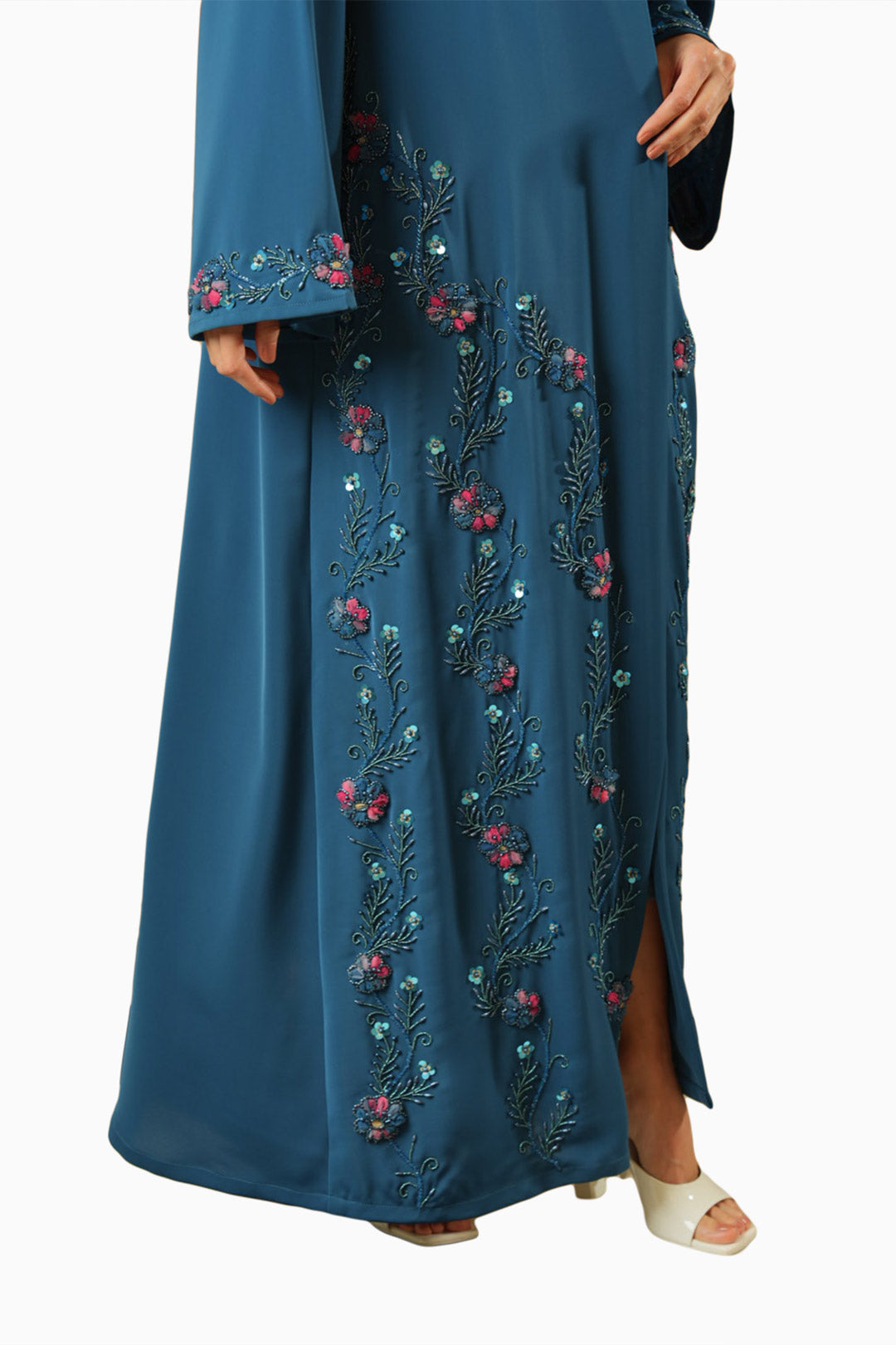 Nisha Teal – Soft Crepe Embroidered Abaya