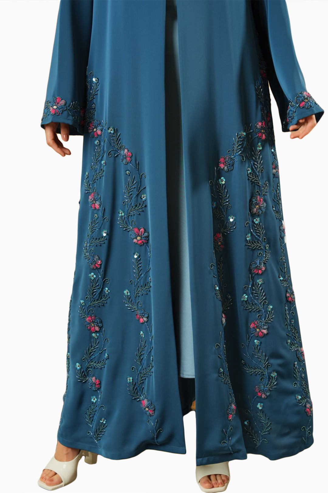 Nisha Teal – Soft Crepe Embroidered Abaya