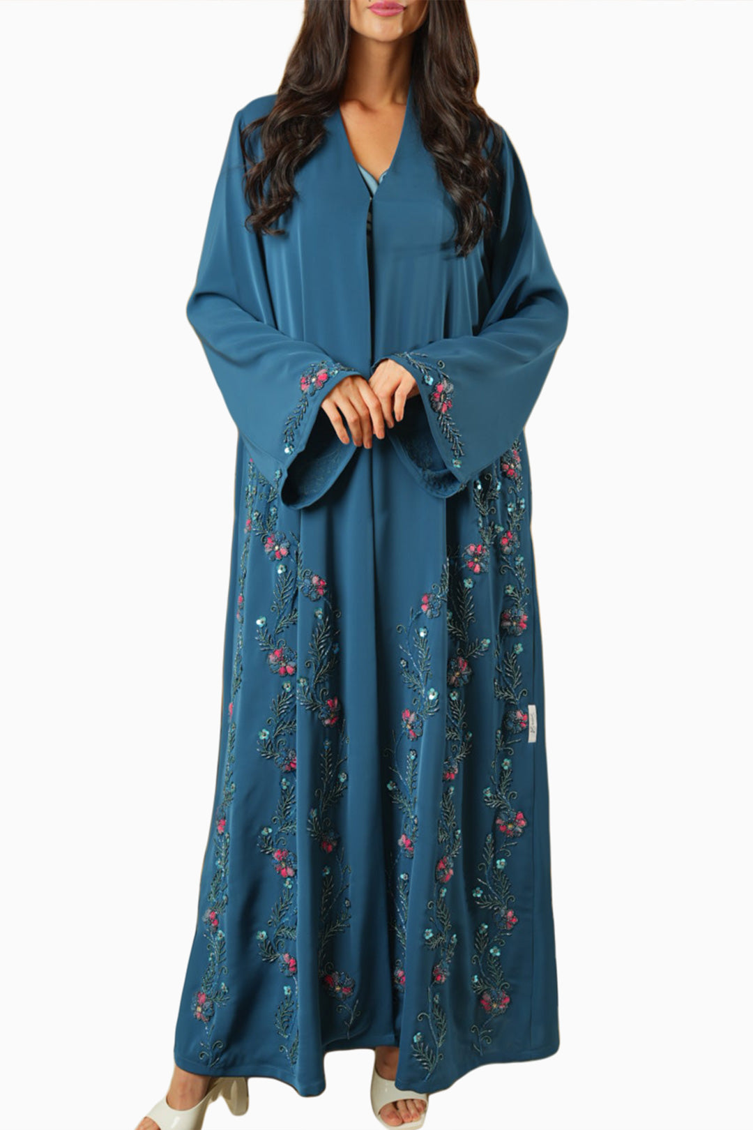 Nisha Teal – Soft Crepe Embroidered Abaya