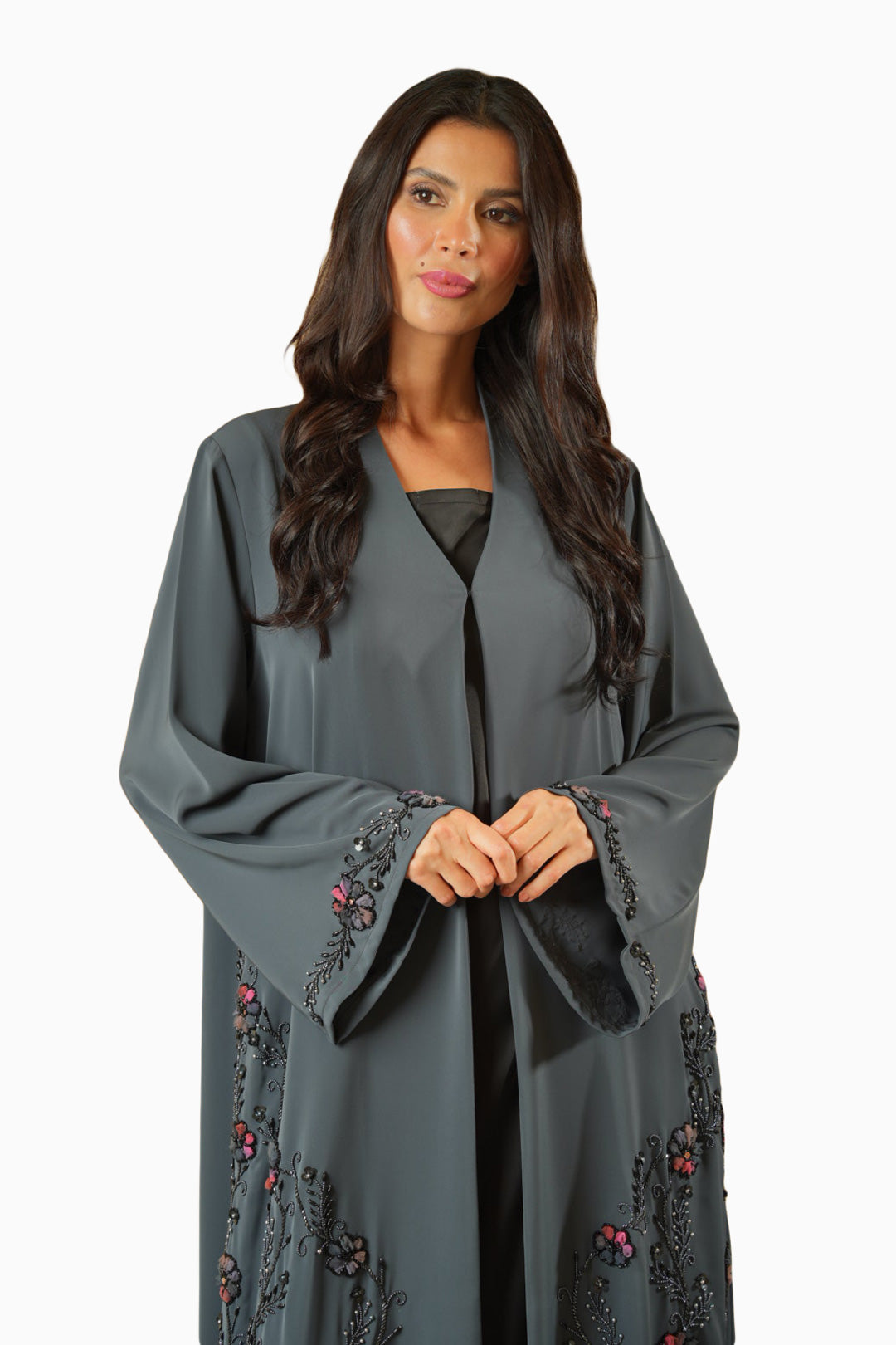 Nisha Grey – Soft Crepe Embroidered Abaya
