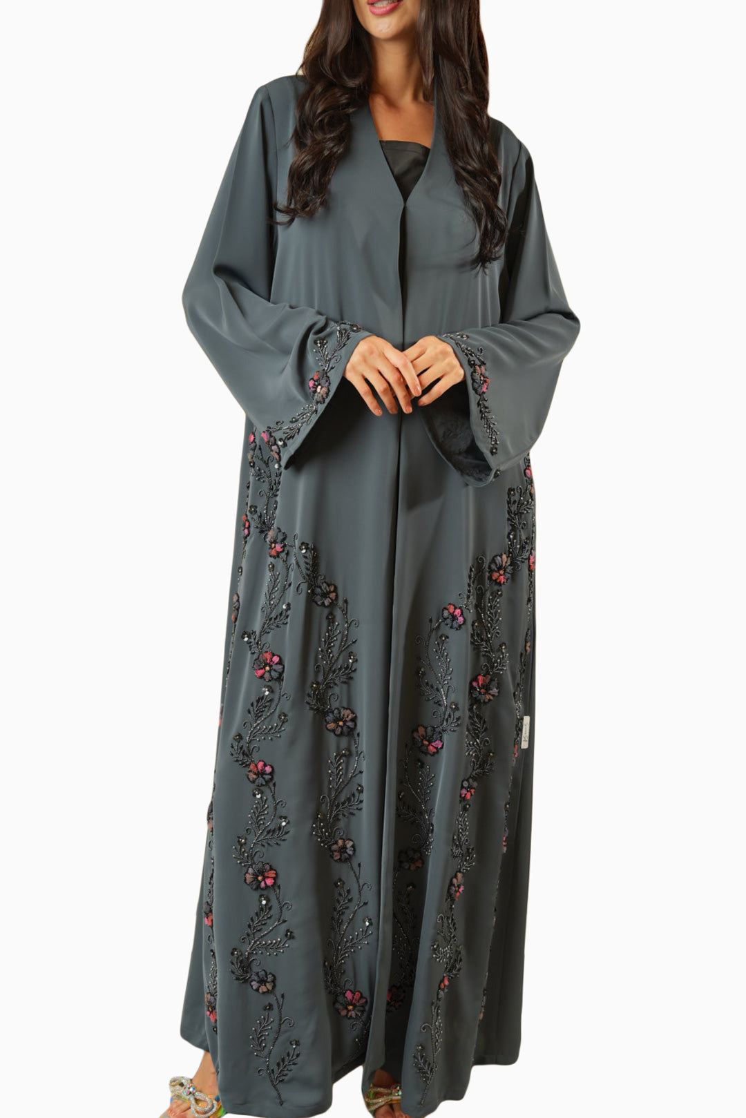 Nisha Grey – Soft Crepe Embroidered Abaya