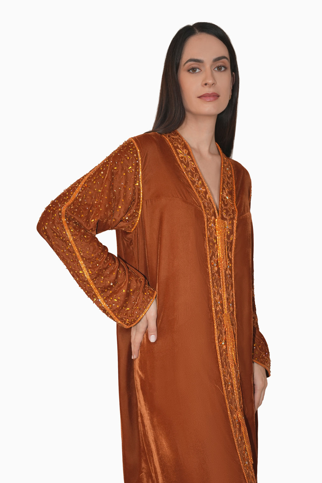 Duja Dark Copper - Velvet Crystal Embroidery Dress