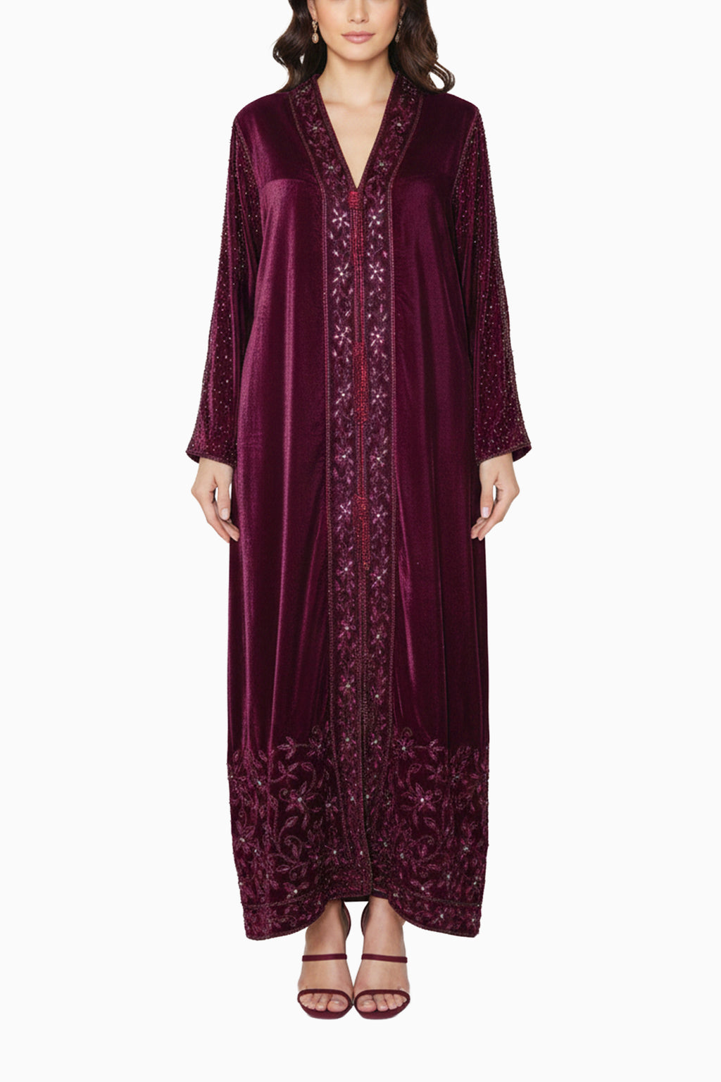 Duja Dark Burgundy- Velvet Crystal Embroidery Dress