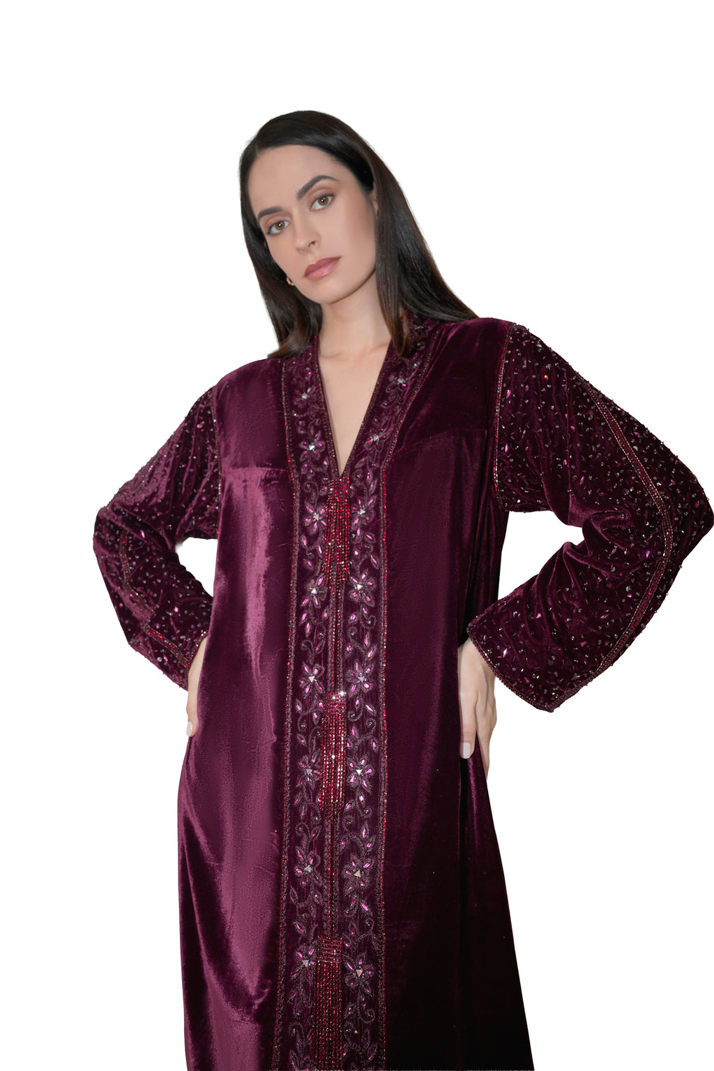 Duja Dark Burgundy- Velvet Crystal Embroidery Dress