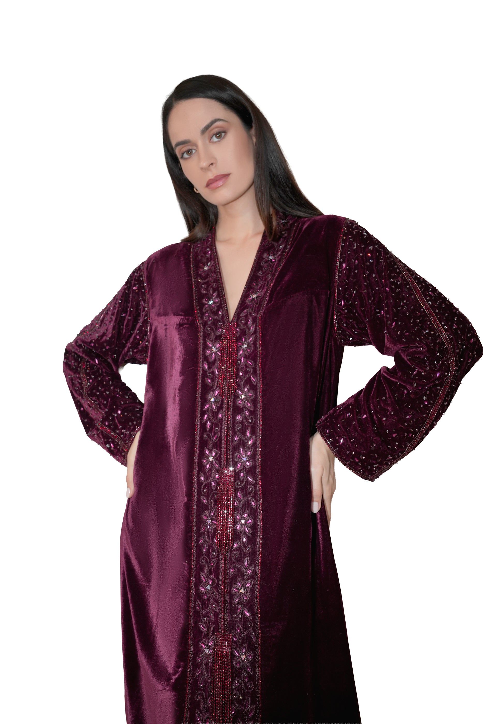 Duja Dark Burgundy- Velvet Crystal Embroidery Dress