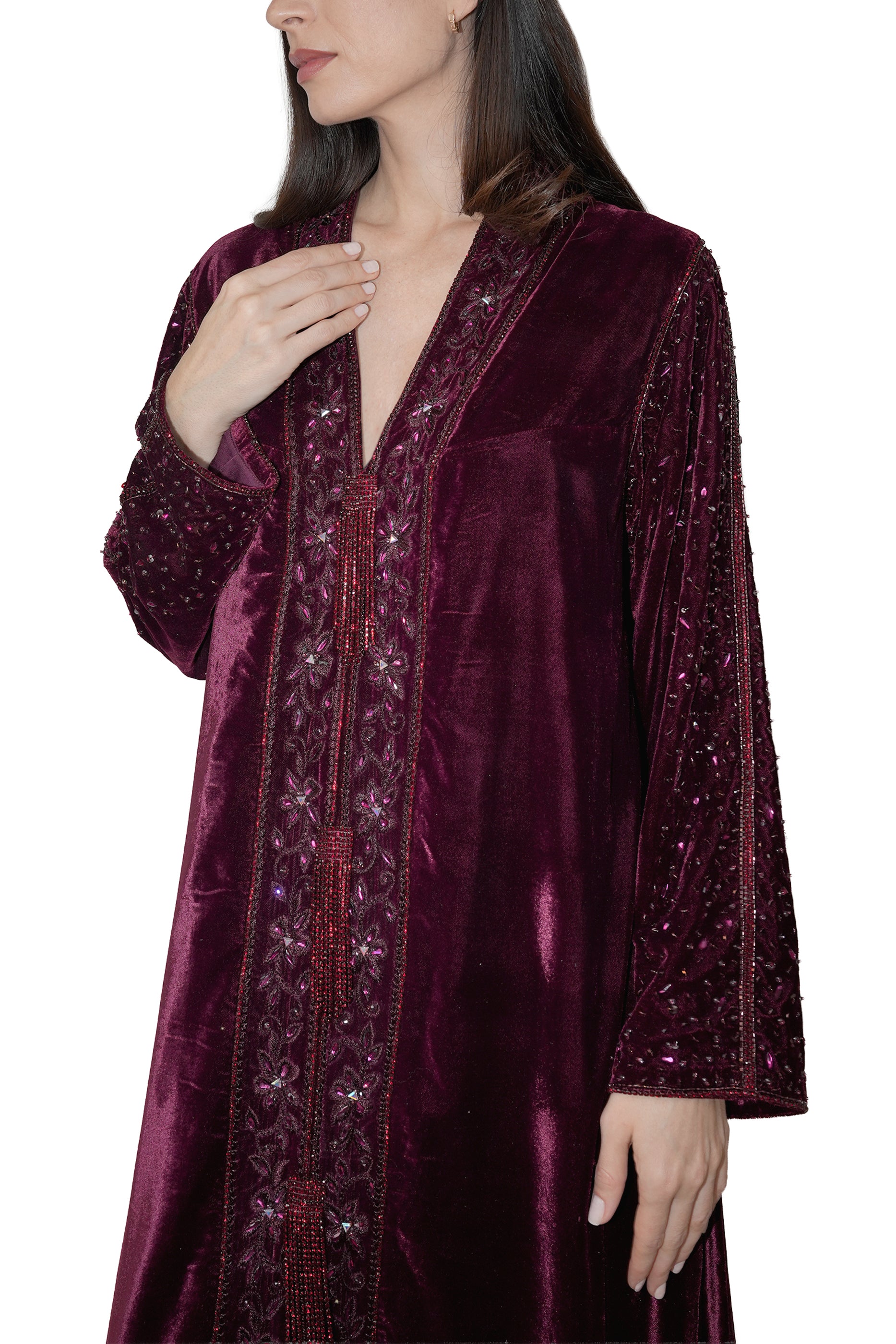 Duja Dark Burgundy- Velvet Crystal Embroidery Dress