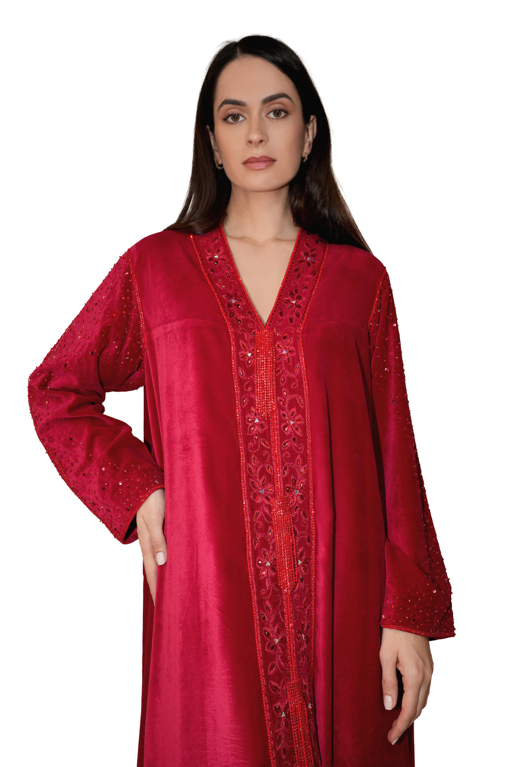 Duja Dark Red - Velvet Crystal Embroidery Dress