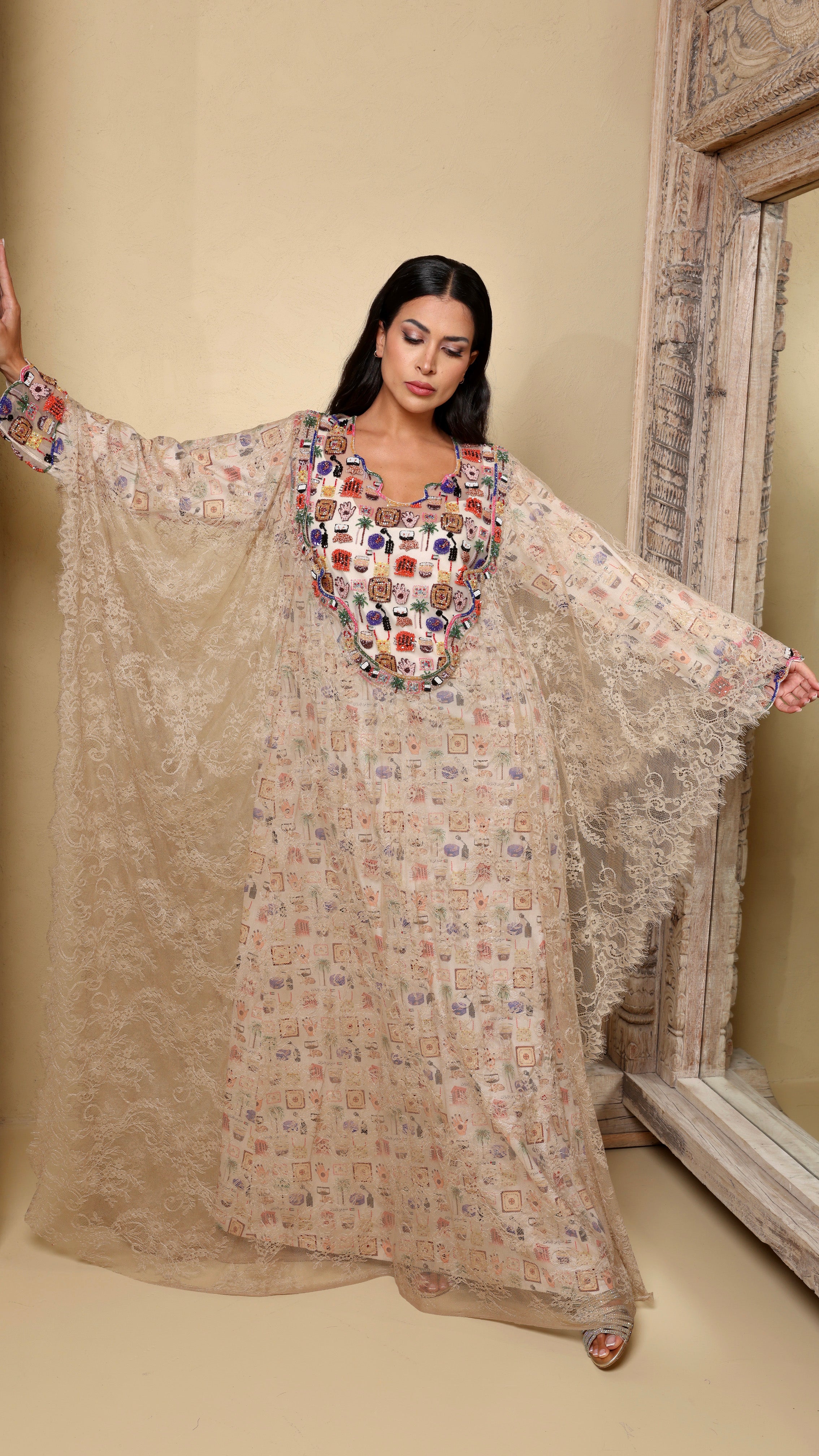 Elina Beige Mkhawar Kaftan - Printed Floral Embroidery