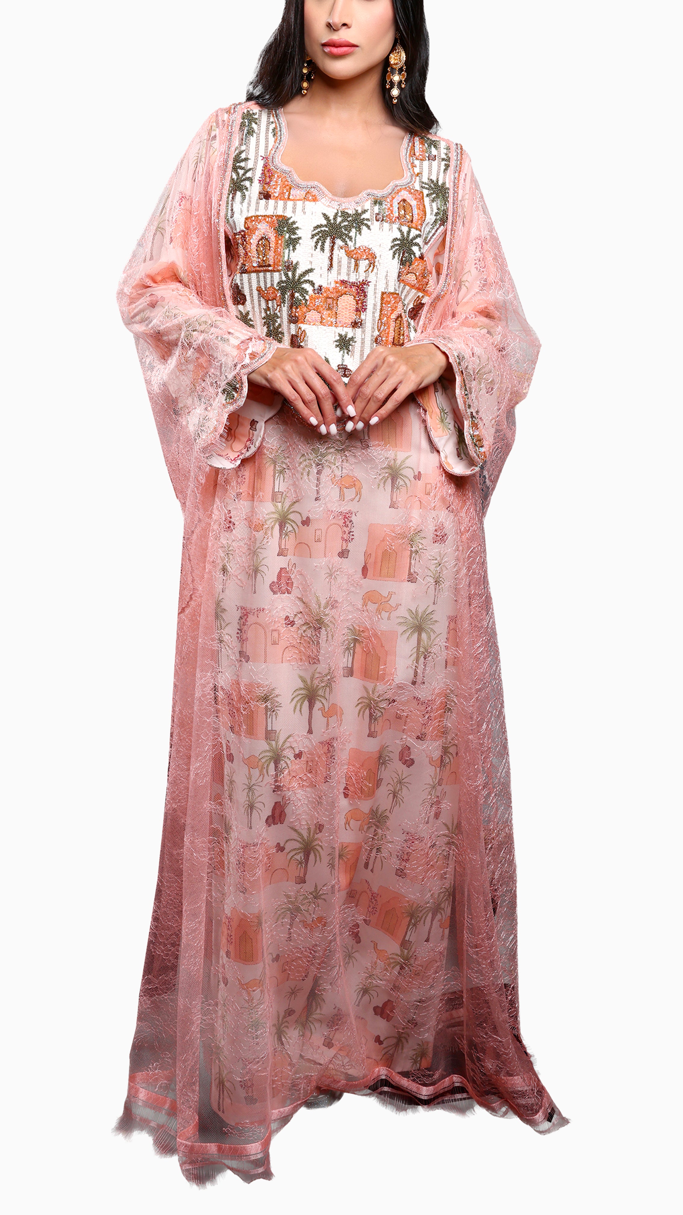 Elina Peach Mkhawar Kaftan - Printed Floral Embroidery