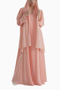 Frenchelle Pastel Peach- Plain Minimalist Abaya with Matching Floral Lace Shella Set