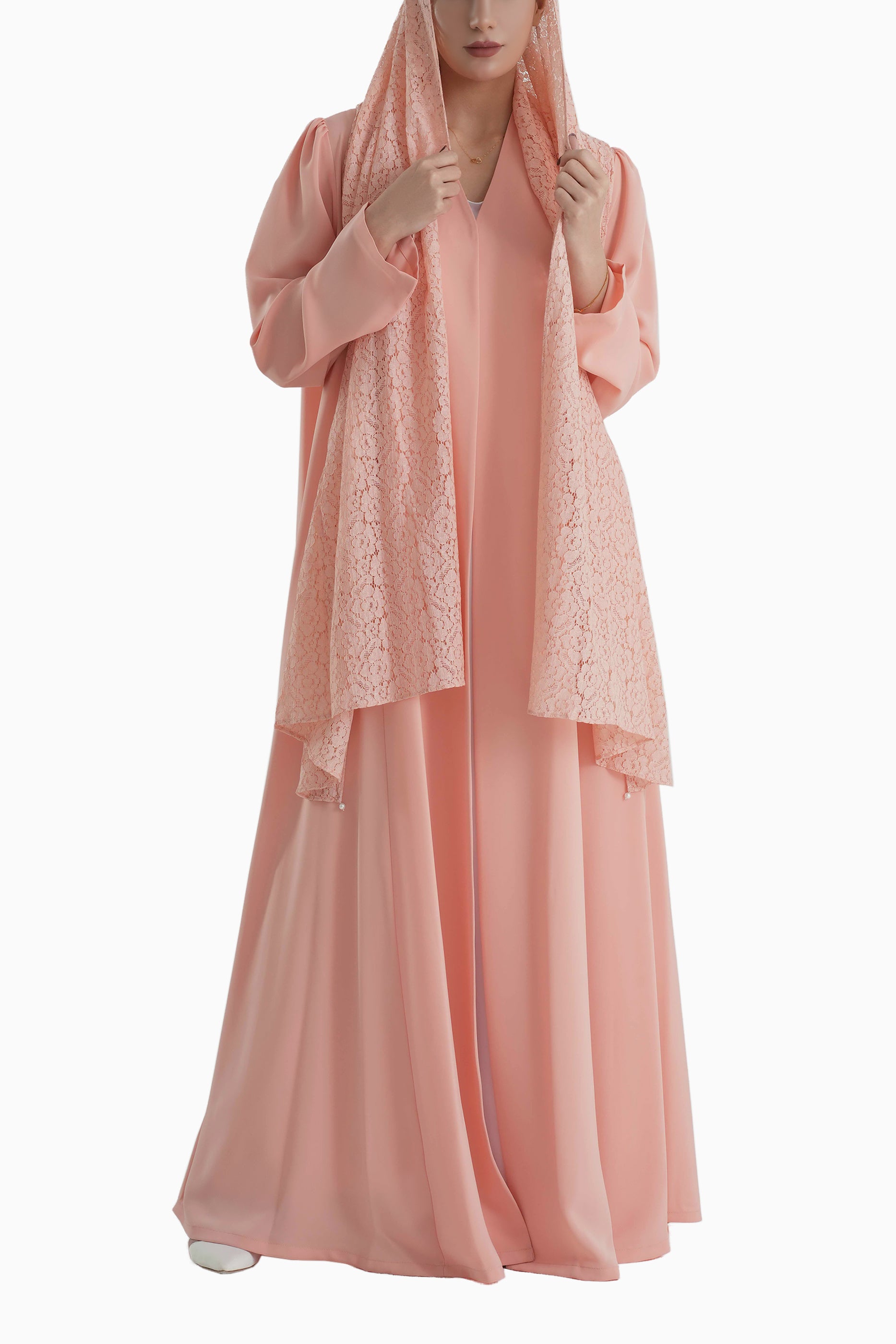 Frenchelle Pastel Peach- Plain Minimalist Abaya with Matching Floral Lace Shella Set