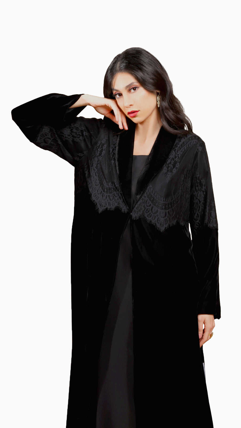 Lamees Black - Classic Black Velvet Abaya with Silver Lace Detail