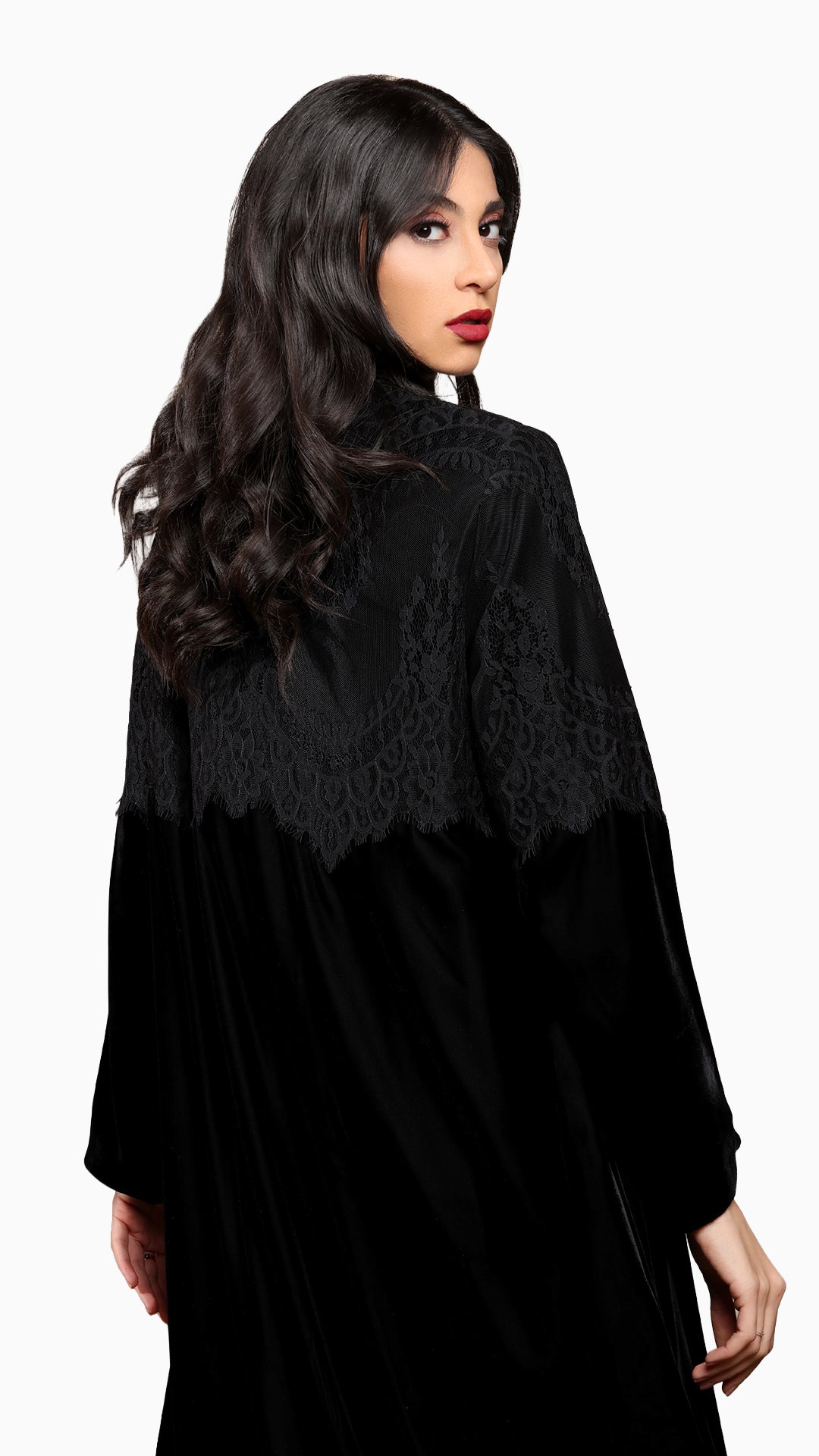 Lamees Black - Classic Black Velvet Abaya with Silver Lace Detail