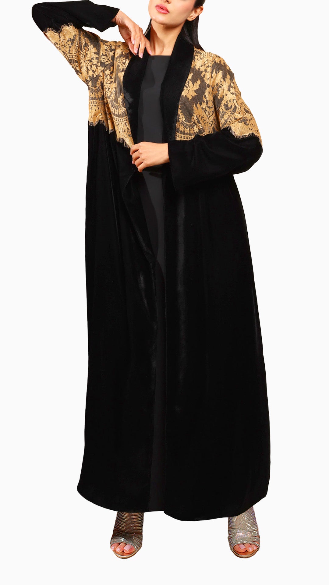 Lamees Gold - Classic Black Velvet Abaya with Golden Lace Detail
