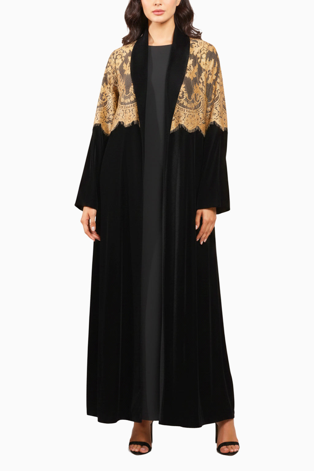 Lamees Gold - Classic Black Velvet Abaya with Golden Lace Detail