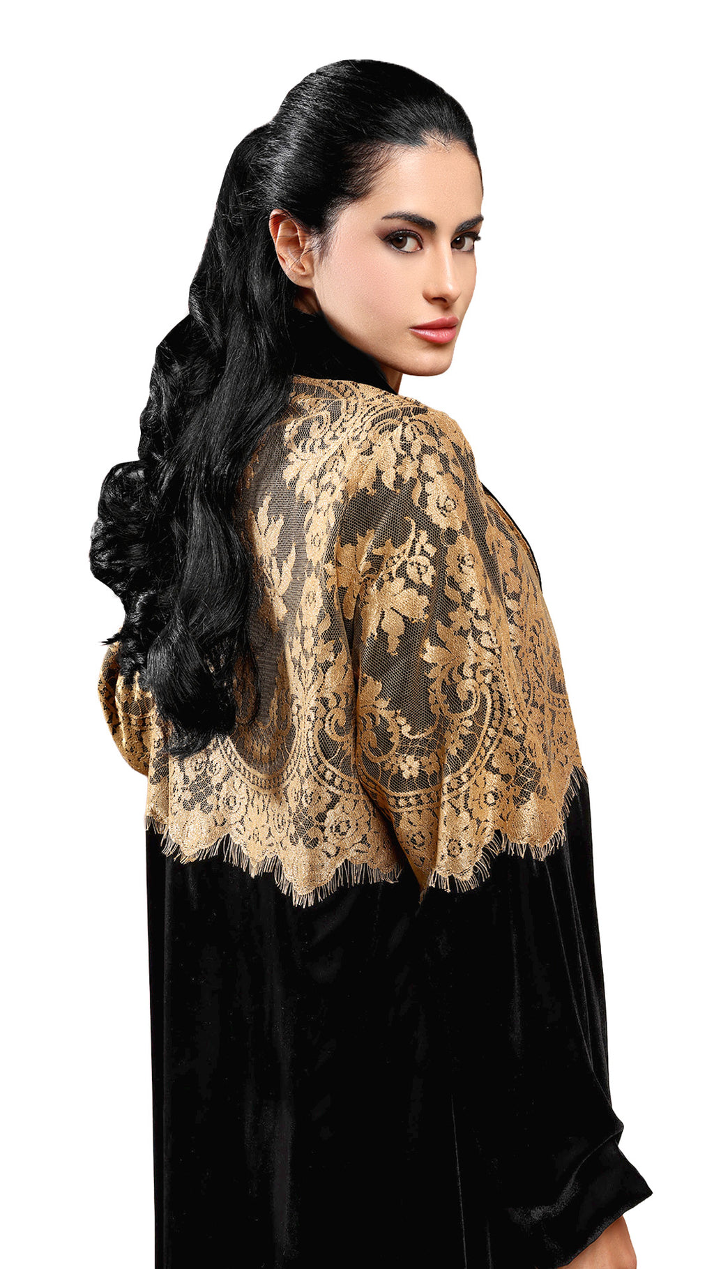 Lamees Gold - Classic Black Velvet Abaya with Golden Lace Detail