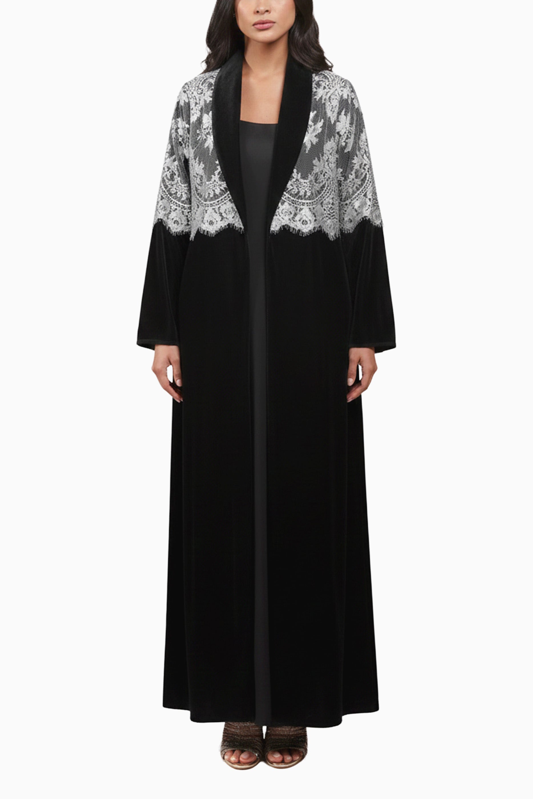 Lamees Silver - Classic Black Velvet Abaya with Silver Lace Detail