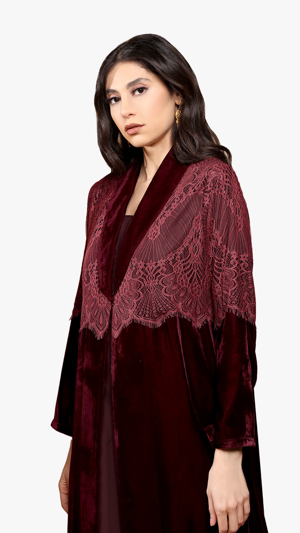 Lamees Maroon - Classic Black Velvet Abaya with Silver Lace Detail