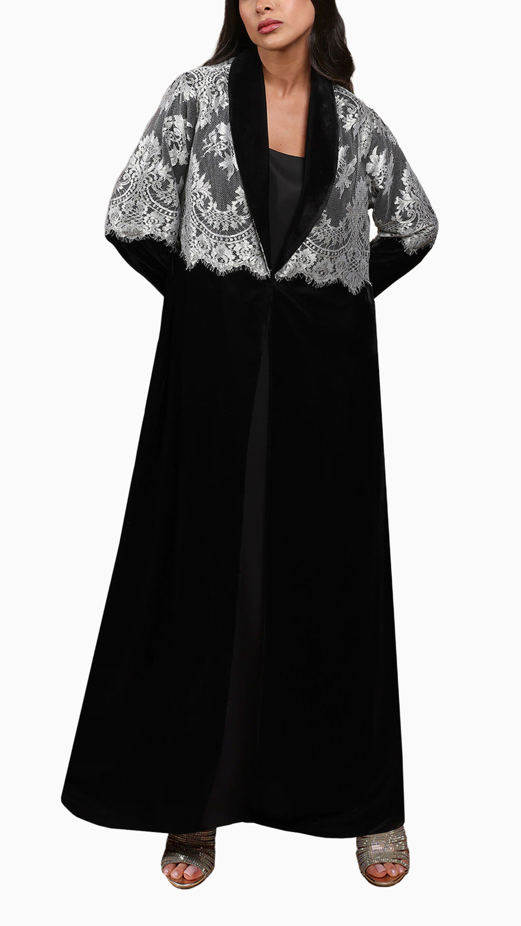 Lamees Silver - Classic Black Velvet Abaya with Silver Lace Detail