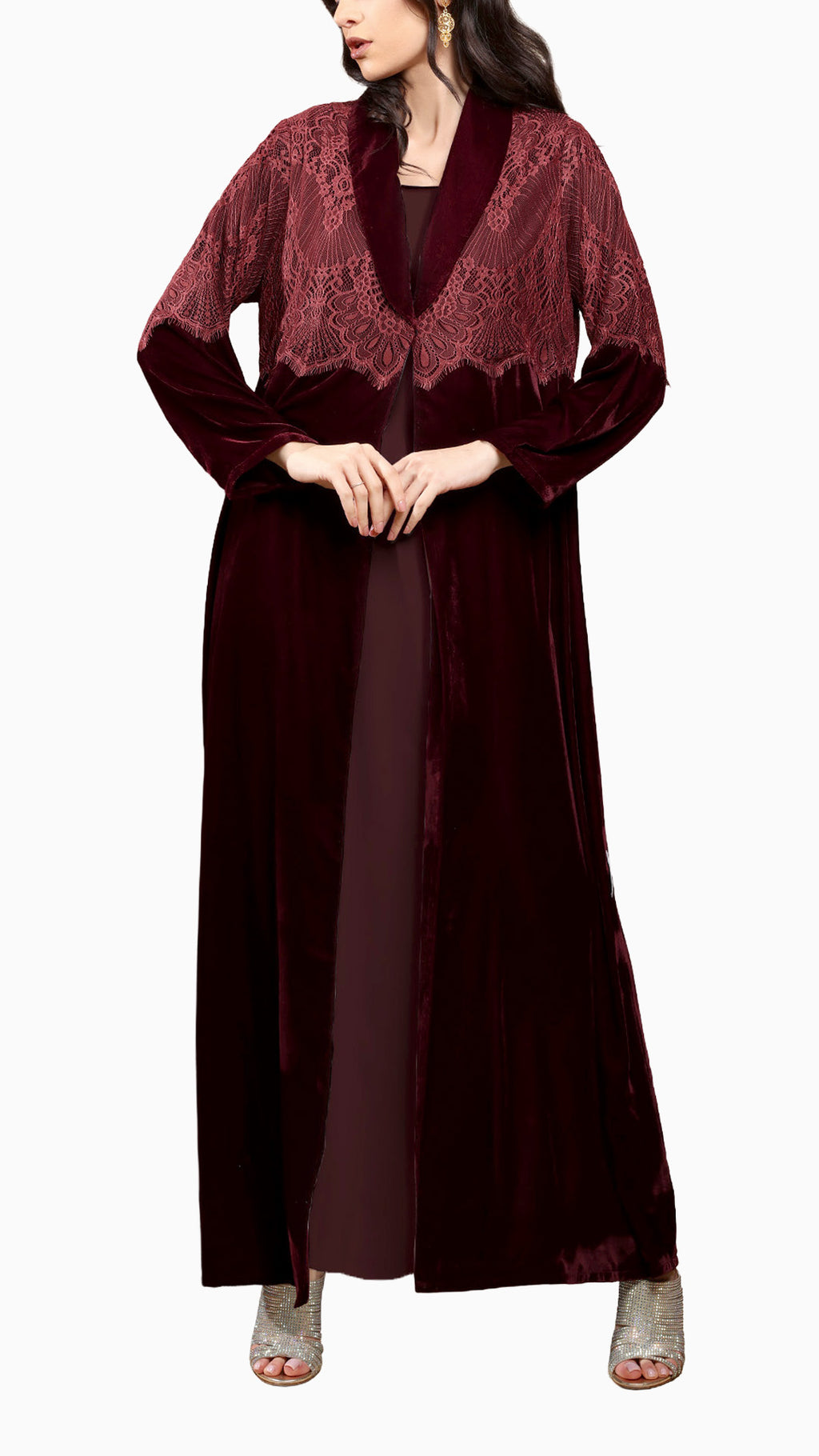 Lamees Maroon - Classic Black Velvet Abaya with Silver Lace Detail