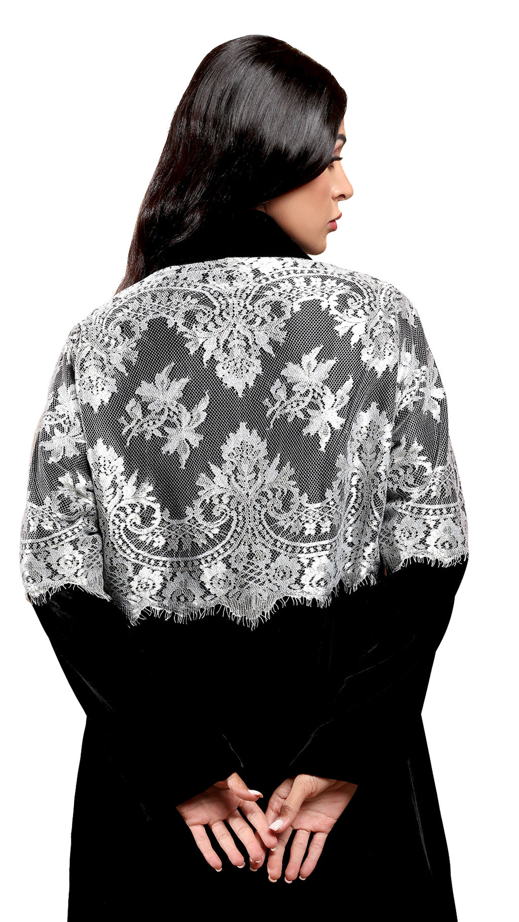 Lamees Silver - Classic Black Velvet Abaya with Silver Lace Detail