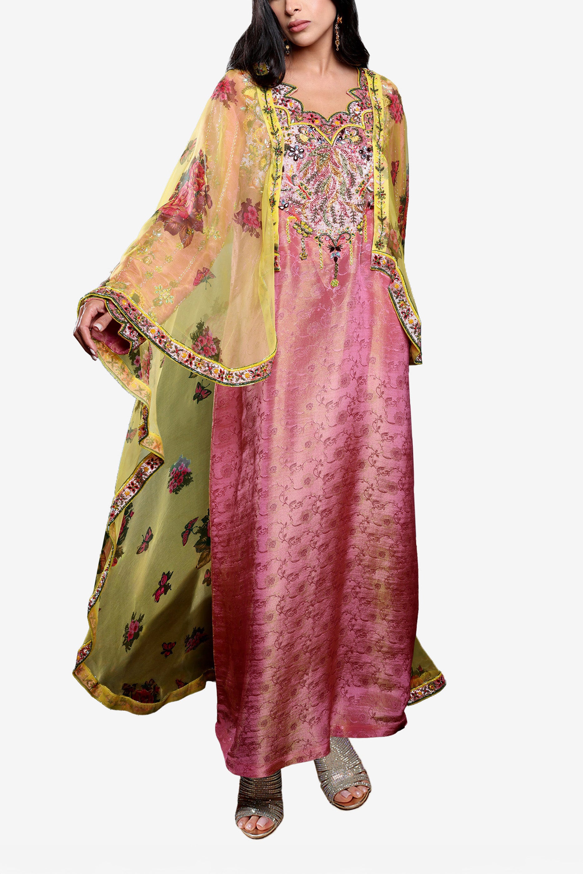 Mai Blush Mkhawar Kaftan - Printed Floral Embroidery