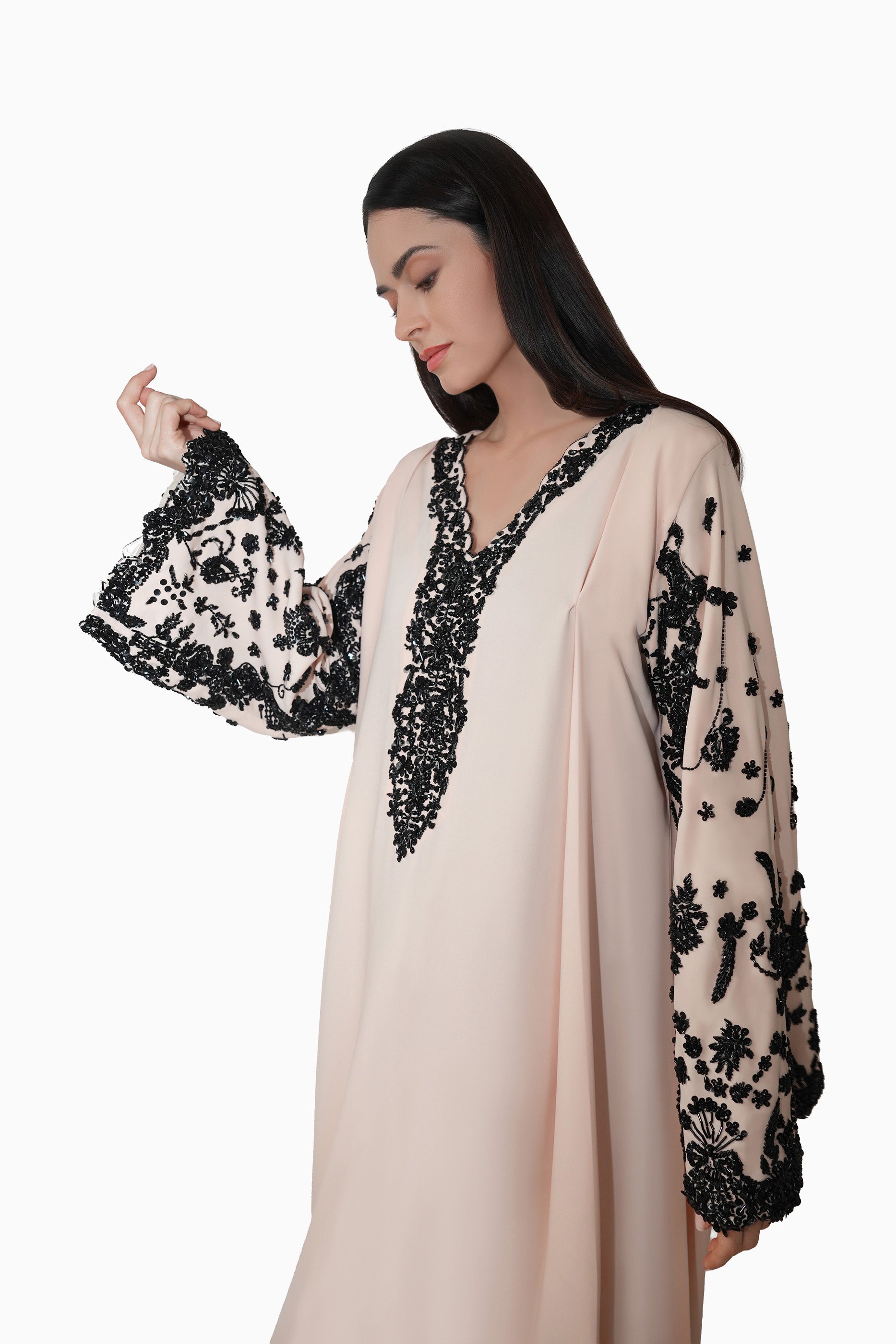 Nasrin Cream - Embroidered Floral Kaftan Dress