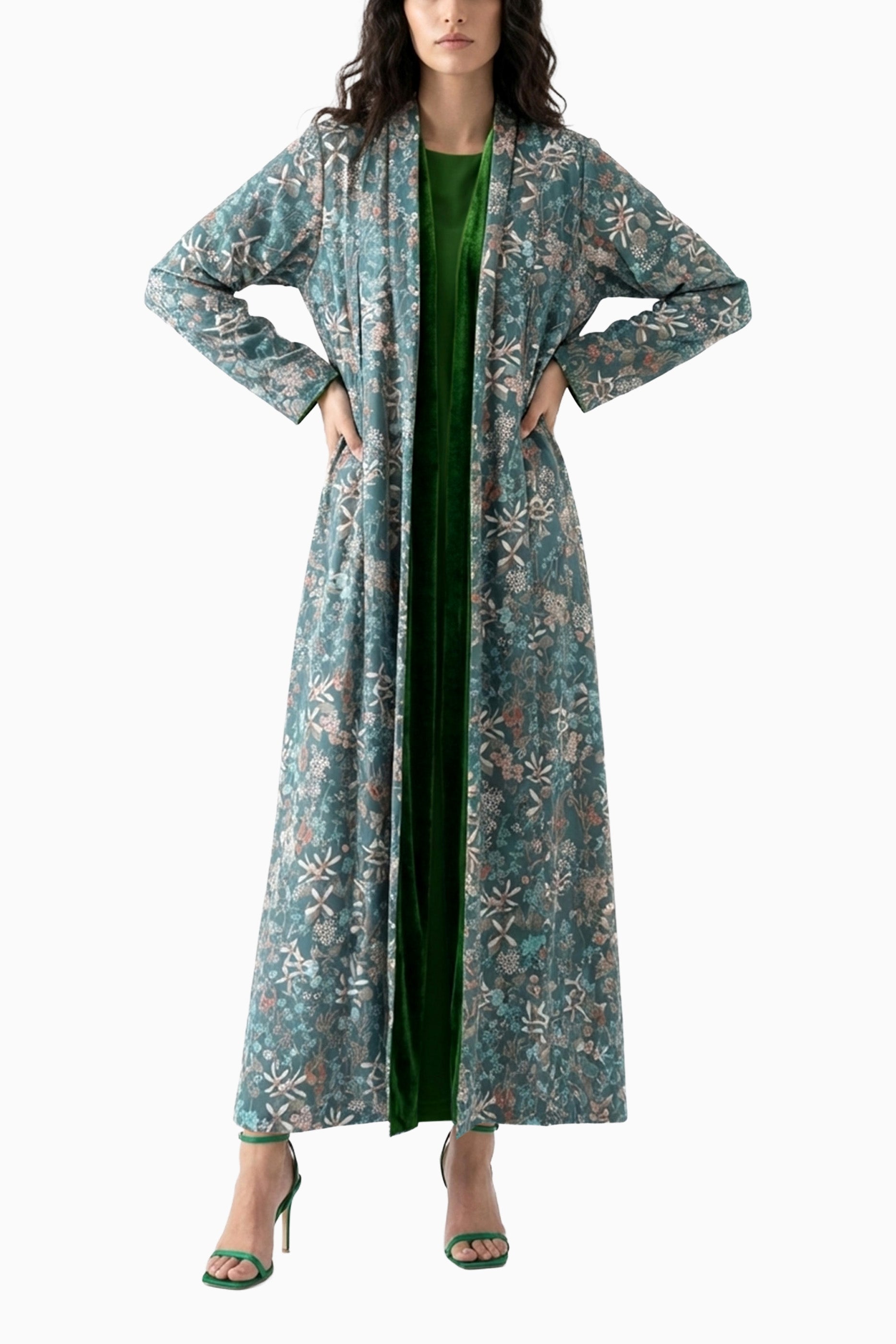 Nawar Green - Reversible Printed Floral and Velvet Abaya