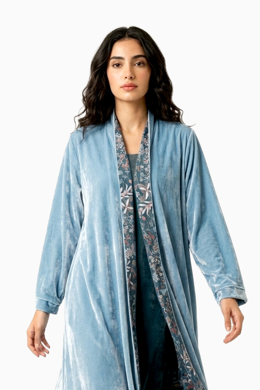 Nawar Sky - Reversible Printed Floral and Sky Blue Velvet Abaya