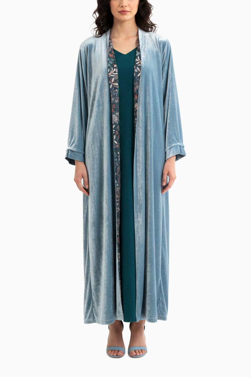 Nawar Sky - Reversible Printed Floral and Sky Blue Velvet Abaya