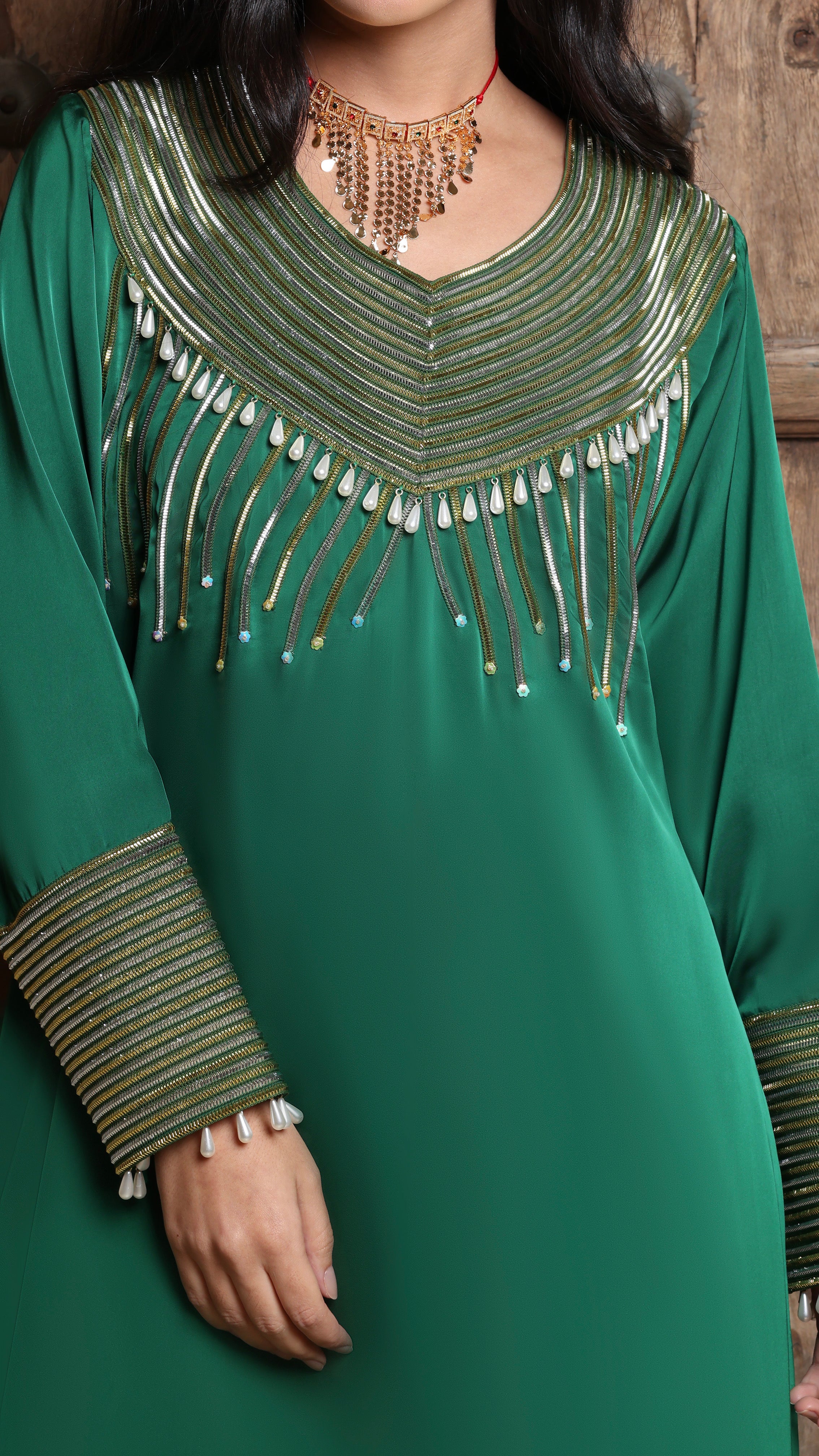 Rana Green Mkhawar Kaftan - Dress with Pants and Shella with Floral Embroidery