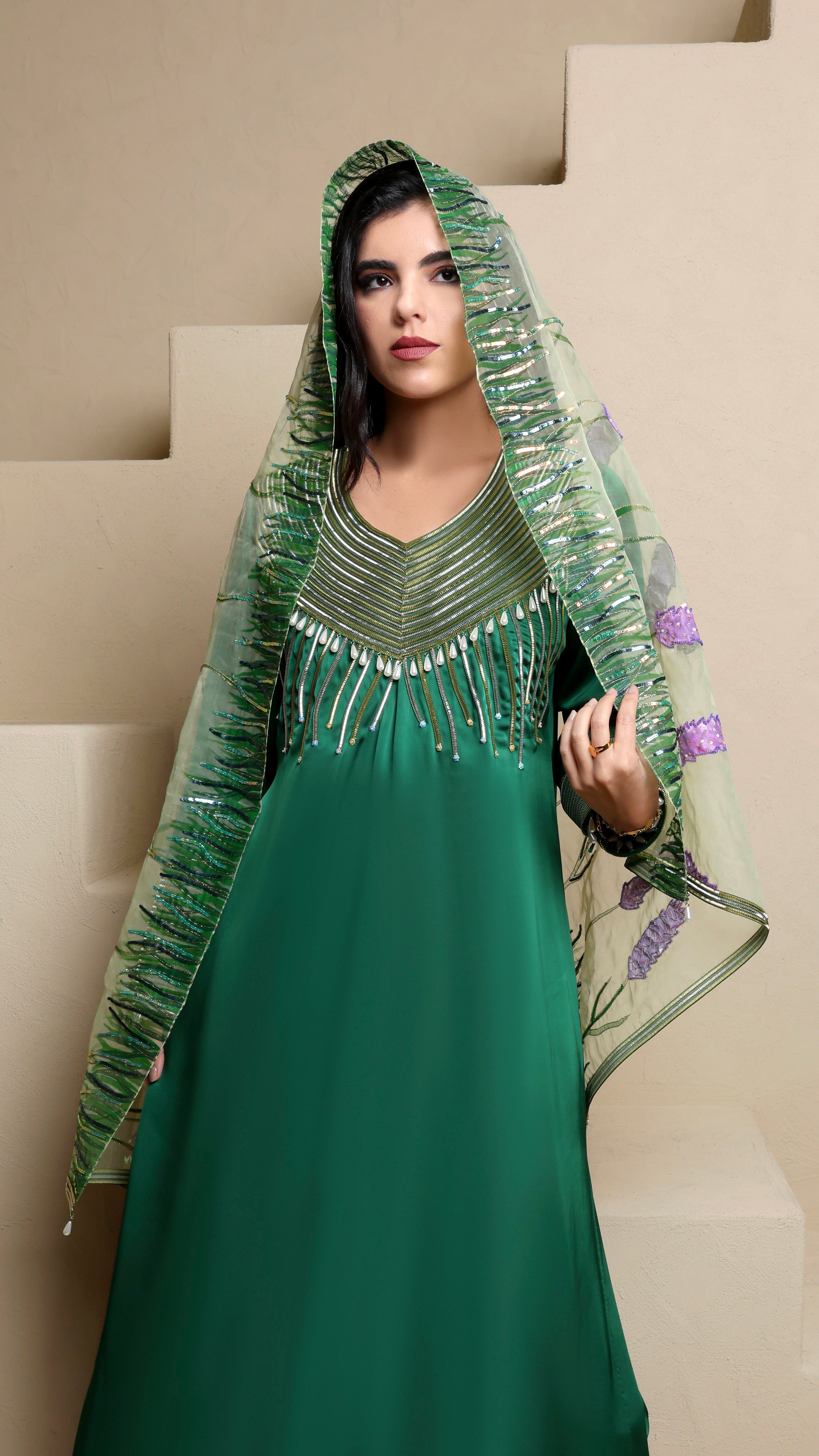 Rana Green Mkhawar Kaftan - Dress with Pants and Shella with Floral Embroidery