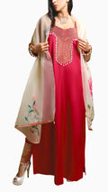 Rana Red Mkhawar Kaftan - Dress with Pants and Shella with Floral Embroidery