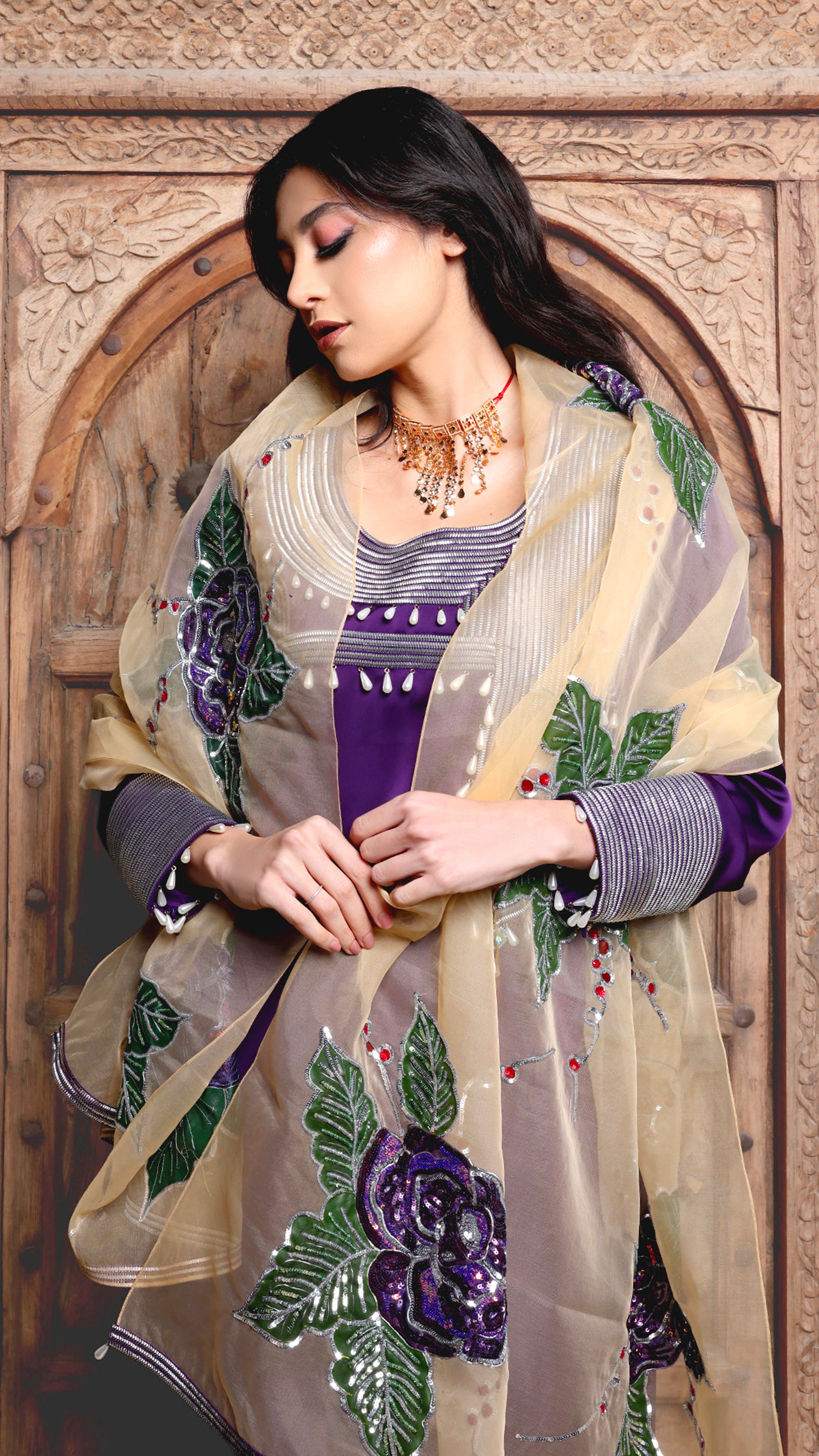 Rana Purple Mkhawar Kaftan - Dress with Pants and Shella with Floral Embroidery