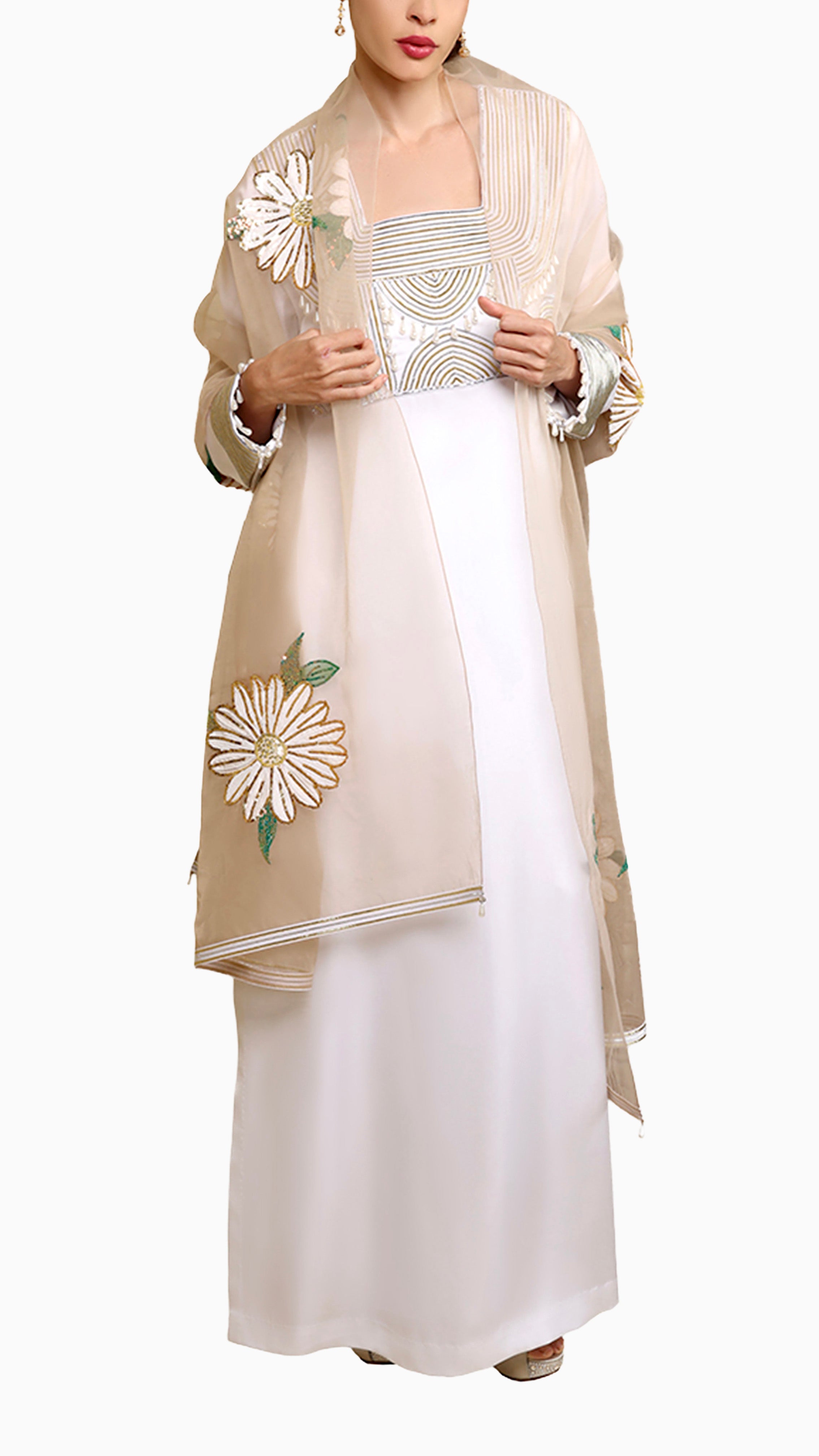 Rana White Mkhawar Kaftan - Dress with Pants and Shella with Floral Embroidery