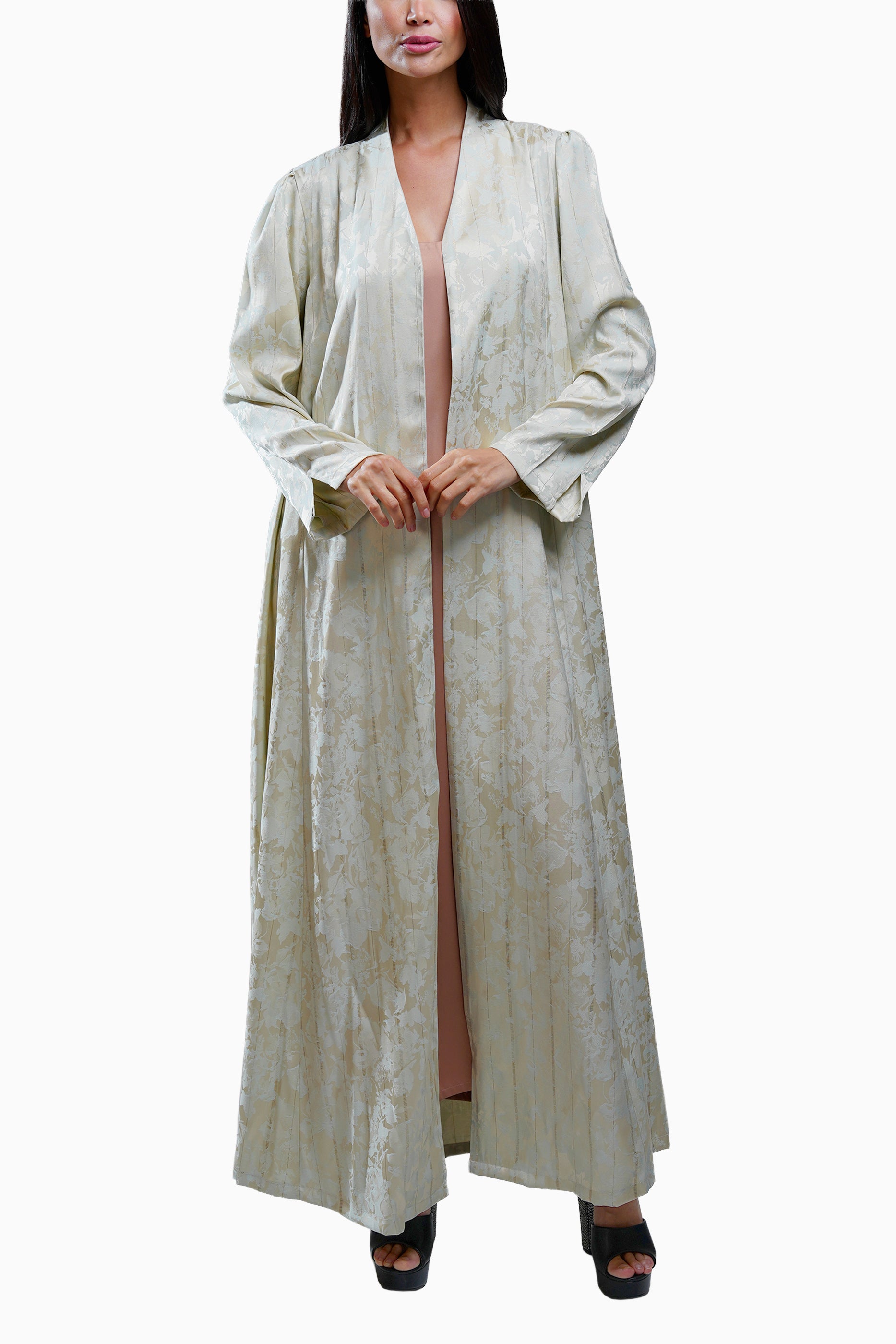 Wara Cream - Silk Fabric with Printed Floral Abaya