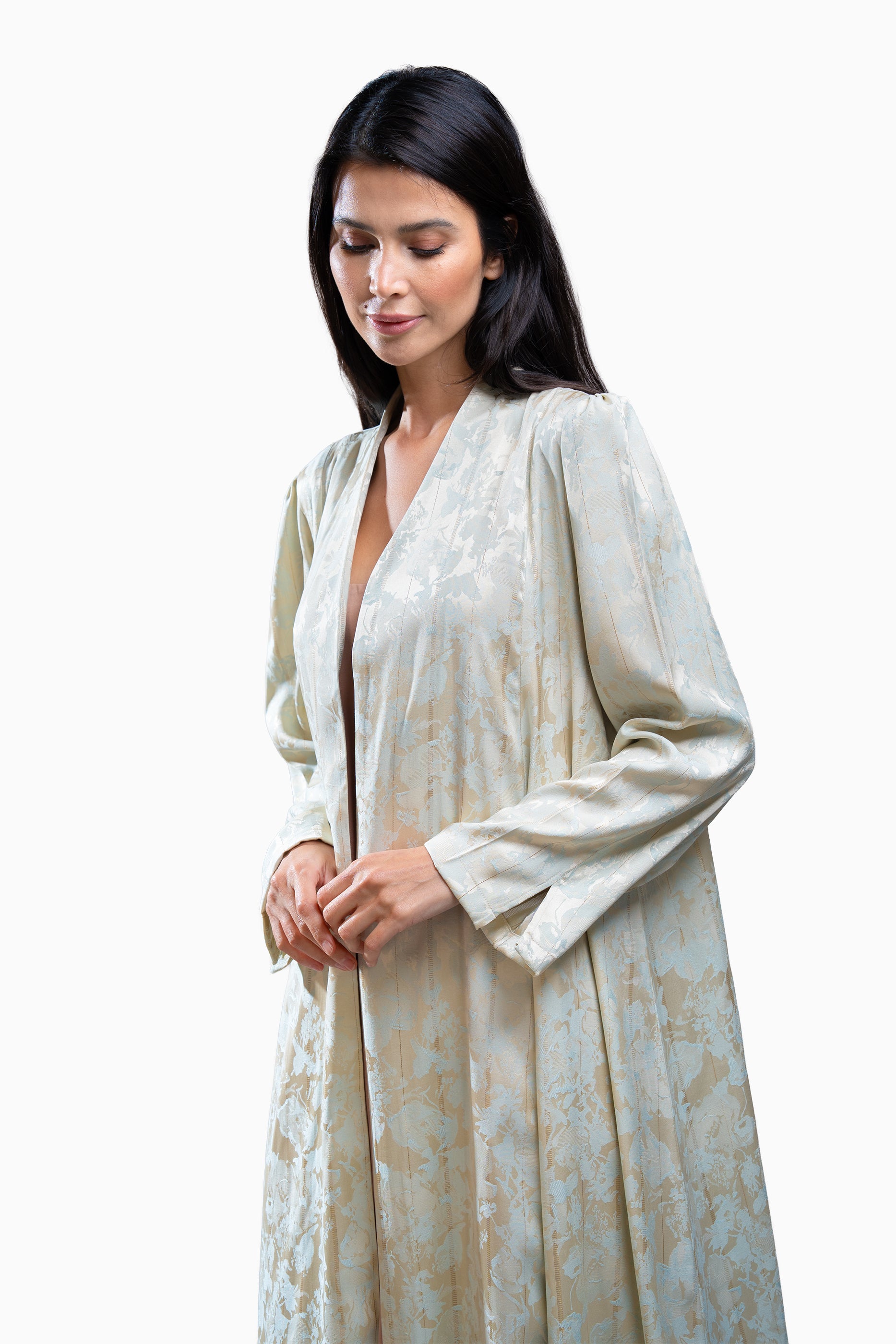 Wara Cream - Silk Fabric with Printed Floral Abaya