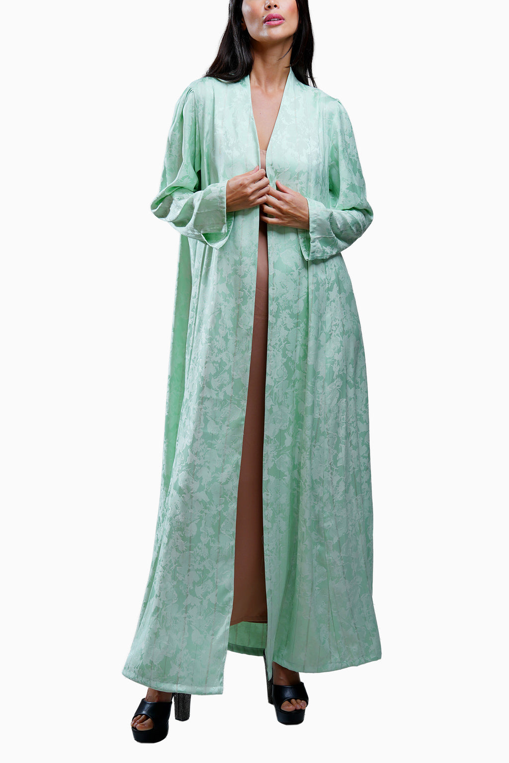 Wara Mint - Silk Fabric with Printed Floral Abaya