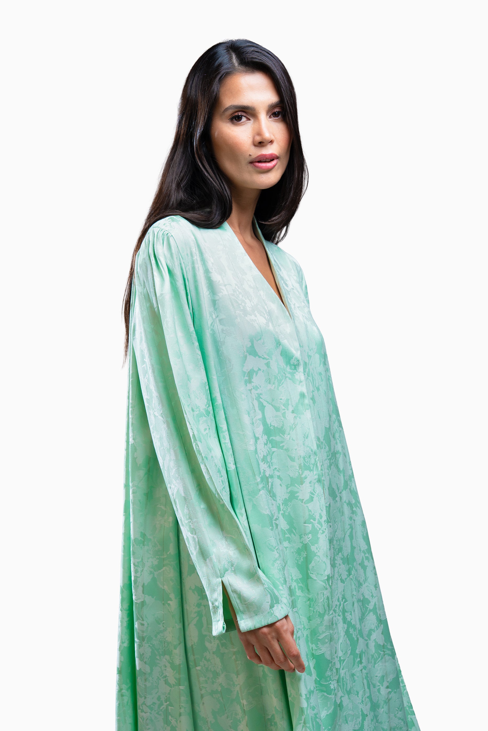 Wara Mint - Silk Fabric with Printed Floral Abaya