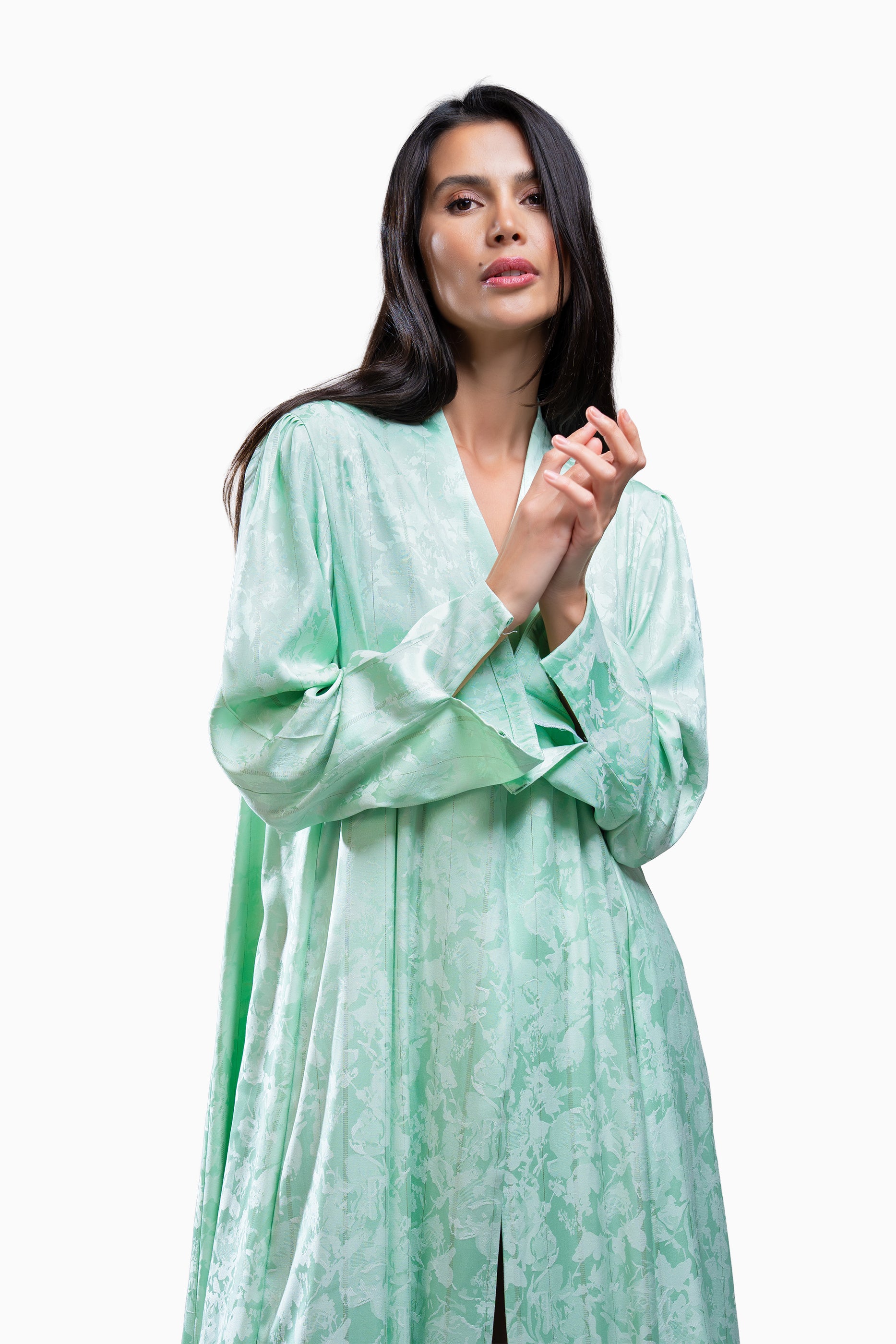 Wara Mint - Silk Fabric with Printed Floral Abaya