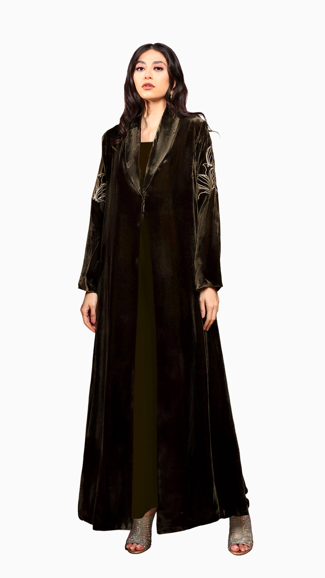 Warda Black Brown - Classic Velvet Abaya with Floral Embroidery Detail