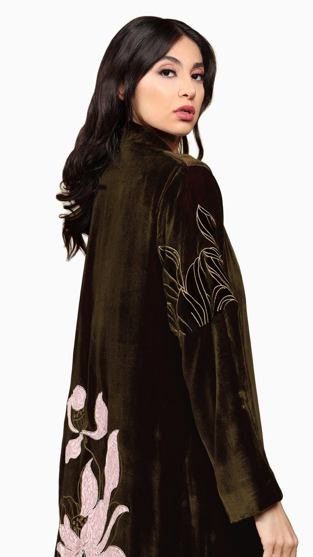 Warda Black Brown - Classic Velvet Abaya with Floral Embroidery Detail